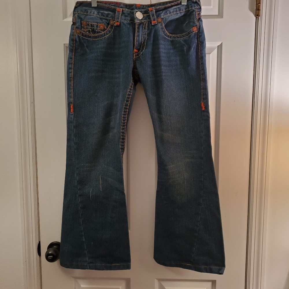 True Religion Jeans 31 blue red world tour Buddha bobby super t flare wide leg